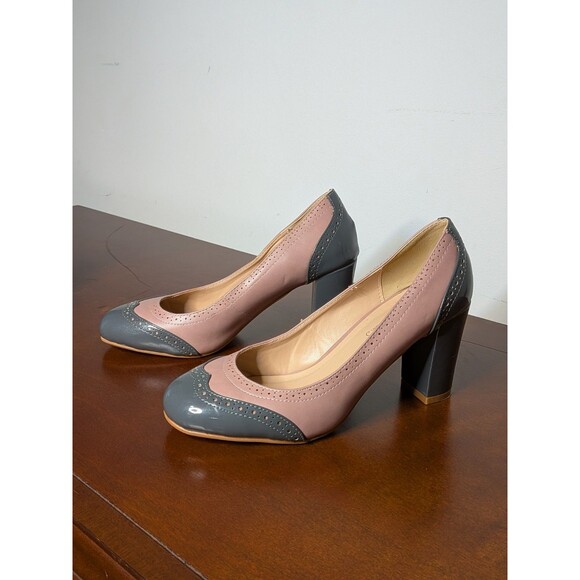Dainee Retro Two Tone Brogue Pumps Heels Sz 6 Dusty Pink Gray Spectator Pinup - Picture 1 of 6